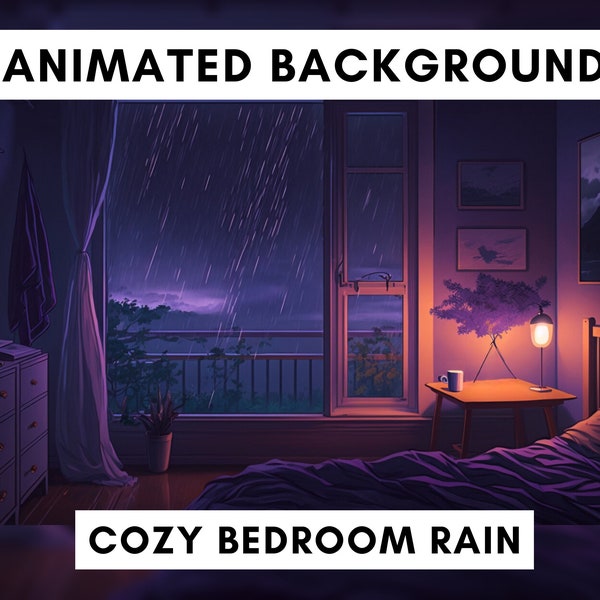 Vtuber Animated Background for Twitch, Cozy lofi bedroom rain, purple stream overlay, looped background, cozy ambience, vtuber background