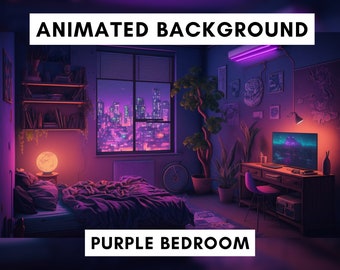 Fondo animado para Twitch, dormitorio lofi morado, superposición de transmisión, fondo en bucle, fondo de vtuber en bucle con estilo de ambiente acogedor