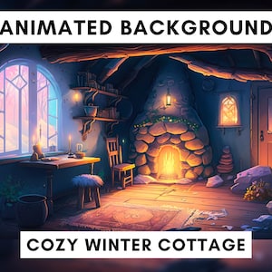 May include: An animated illustration of a cozy winter cottage interior. The scene features a stone fireplace with a glowing fire, a window with a view of a snowy landscape, and the text "ANIMATED BACKGROUND" and "COZY WINTER COTTAGE".