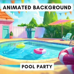 Op de afbeelding: Een geanimeerde achtergrondillustratie van een zwembadfeestscène. De afbeelding toont een zwembad met kleurrijke opblaasbare ringen, een roze en gele parasol en een klein roze gebouw. Tekst bovenaan luidt "ANIMATED BACKGROUND" en onderaan "POOL PARTY".