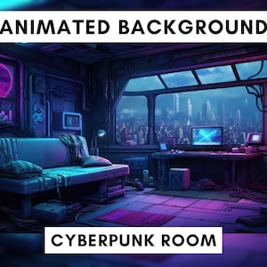 Puede incluir: Una habitación con temática cyberpunk con un sofá, un escritorio y una gran ventana con vistas a una ciudad futurista. La habitación está iluminada con luces de neón y las paredes están decoradas con cables y tuberías. El texto "ANIMATED BACKGROUND" y "CYBERPUNK ROOM" es visible en la imagen.