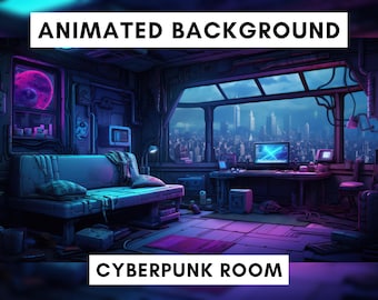 Pode incluir: Uma sala com tema cyberpunk com um sofá, uma mesa e uma grande janela com vista para uma cidade futurista. A sala é iluminada com luzes de néon e as paredes são decoradas com fios e canos. O texto "ANIMATED BACKGROUND" e "CYBERPUNK ROOM" é visível na imagem.