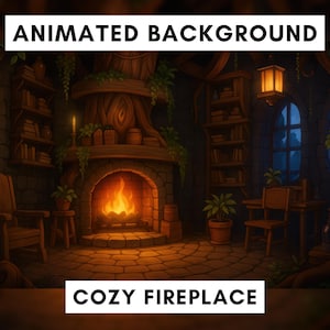 Op de afbeelding: Geanimeerde illustratie van een gezellige haardscène. De afbeelding toont een warme, uitnodigende open haard met een brandend vuur, geflankeerd door houten stoelen en boekenplanken. De tekst "ANIMATED BACKGROUND" en "COZY FIREPLACE" worden weergegeven.