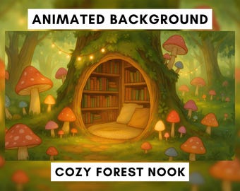 Animated Stream Background, Cozy Forest Nook, Vtuber Background, Reading, Mushrooms, Lofi, Falling Leaves, Hobbit, Fantasy, Treehouse