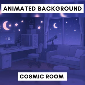 Pode incluir: Ilustração animada de um quarto cósmico com tema de céu noturno. O quarto apresenta uma mesa com um computador, um sofá e um telescópio. As paredes são decoradas com estrelas e luas. O texto "ANIMATED BACKGROUND" e "COSMIC ROOM" são exibidos.