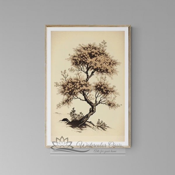 Duo Tone Minimalistic Art Cherry Blossom Tree | Printable Art | Watercolor Painting | Rustic | Wall Art | Vintage