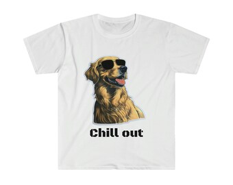 May include: White t-shirt with a golden retriever wearing sunglasses and the text "Chill out" printed on the bottom.