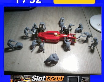 Lot 14 Figurines Mécanos F1 Ferrari (1/32) - Équipe de Stand Brut à Peindre pour Slot Car & Diorama