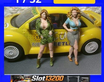 Figurines Féminines 1/32 pour Diorama Slot Racing - Lot de 2 Personnages Paddock - Compatible Scalextric, Carrera, Ninco