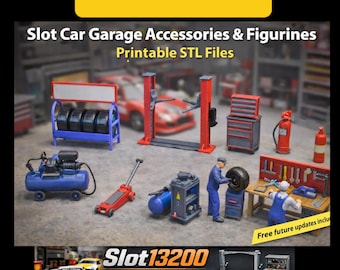 Slot Car Garage Accessories  – Workshop Diorama Tools – 1/32 1/24 1/18 Scale – 3D Printable STL Files – Free Future Updates