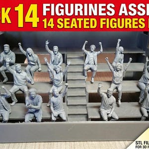 May include: A pack of 14 seated figures, ideal for dioramas and slot car circuits. The figures are in a gray color and are in a 1:32 scale. The text on the image says "14 Seated Figures Pack" and "STL file for 3D printing."