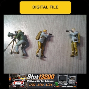 May include: Miniature figurines of photographers in various poses. One figure is using a camera on a tripod, while the others are holding cameras. The image includes the text "DIGITAL FILE" and the logo for "Slot13200" with text indicating STL files for slot cars and dioramas.