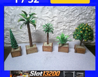 Lot de 5 Jardinières Peintes 1/32 - Décoration Végétale pour Circuit Slot Racing & Diorama - Accessoires Prêts à Poser