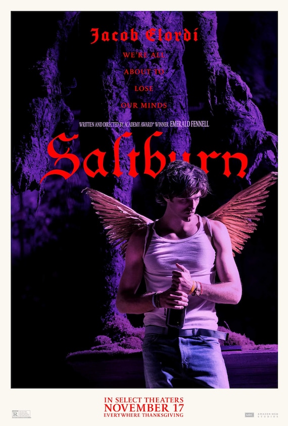 Saltburn. Movie poster depicts Jacob Elordi wearing angel wings and holding a bottle of wine.