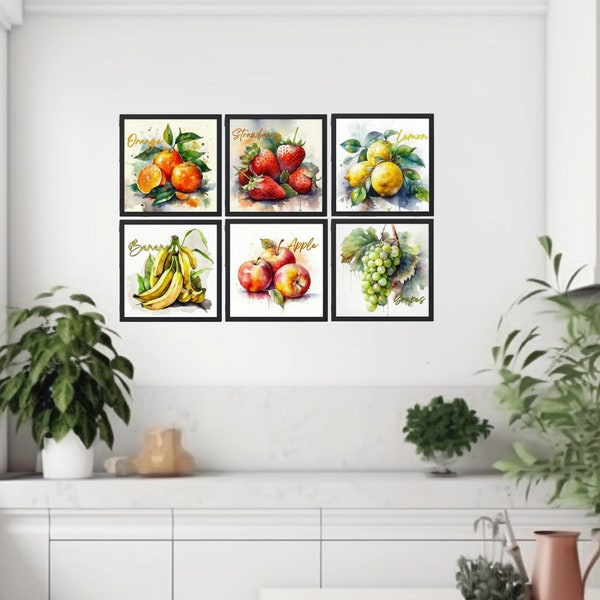 Obst Poster Set aus 6 Aquarell Obst Kunstwerke / Küche Wand Kunst / Digital Download / Digitaldrucke