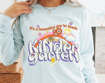 Kindergarten Teacher T-Shirt, Retro Rainbow Design, Back to School