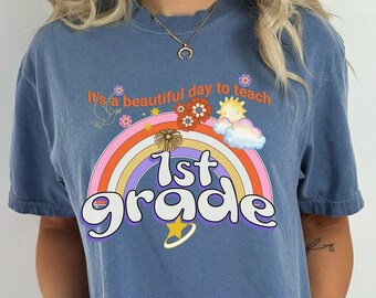 1st Grade Teacher Shirt, Retro Rainbow, Comfort Colors Tee