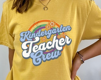 Kindergarten Teacher Crew T-Shirt, Retro Rainbow Comfort Colors