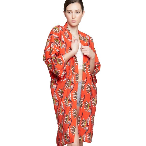 Bohemian Orange Floral Kimono - Long Flowy Oriental Print, Wide Sleeve, Open Front - Versatile Beach Cover-Up or Loungewear