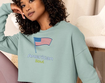 American Soul Crop Sweatshirt - Patriotic American Flag Print - Casual Streetwear - Independence Day Gift