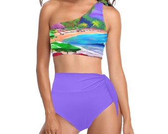 Strandszene Bikini-Set mit hoher Taille - One-Shoulder-Design, ideal für tropische Kurzurlaube und Pool-Tage - schicke Bademode