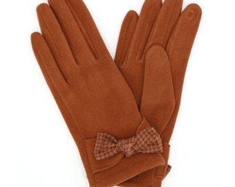 Chic Winter Bronze Gloves with Touch Capability - Cozy Soft Material & Houndstooth Print Bow, Ideal Women's Gift for Tech Lovers