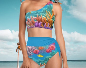 Hochtailliertes Bikini-Set mit Meereslandschaft und Korallenriff-Print, One-Shoulder-Badebekleidung