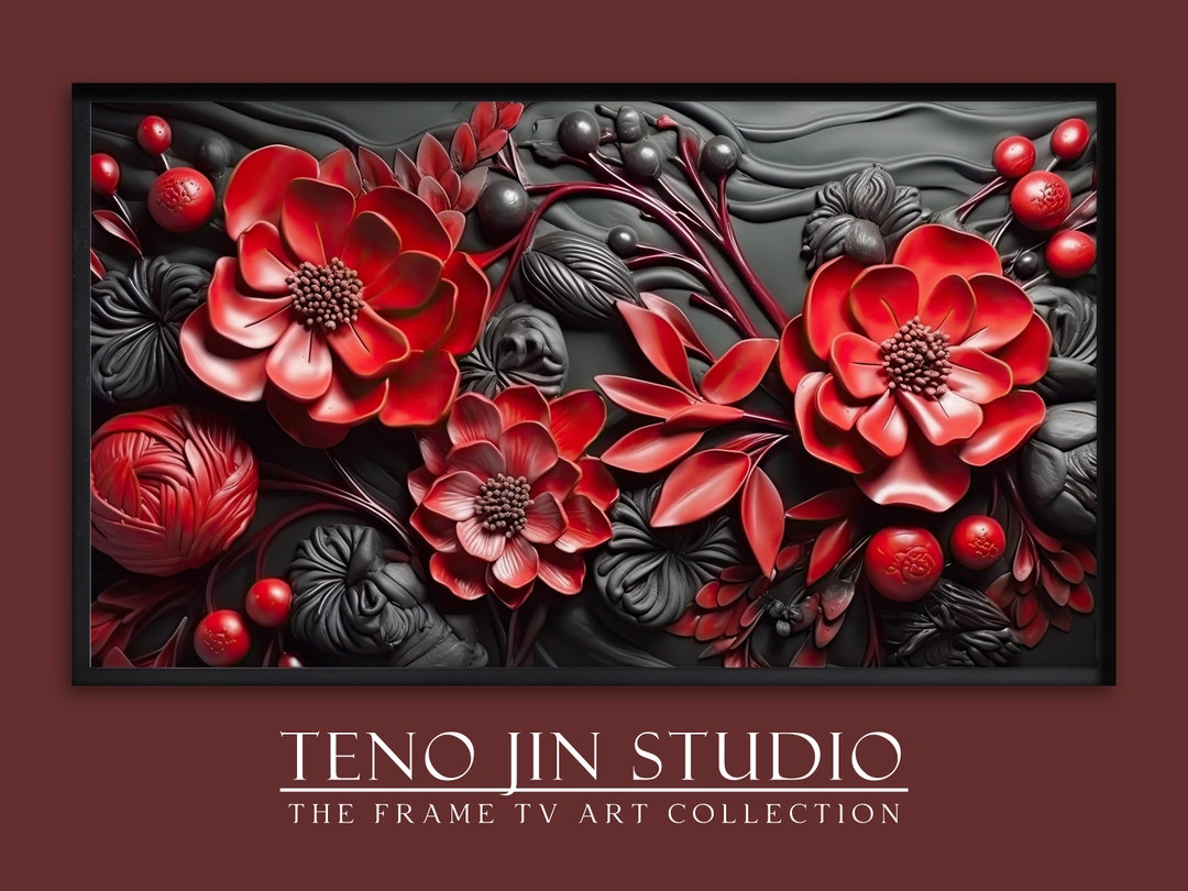 Samsung Frame TV Art, Red Floral Painting for Frame TV, Botanical