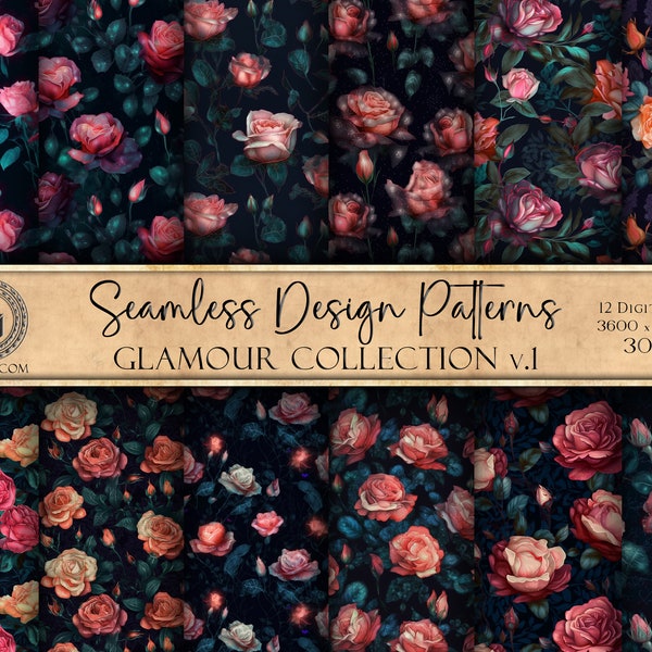 Glamour Flower Design Pattern Seamless Image Set Elegant Variety Painting Collection Stylish Chic Scrapbook Paper Instant Download Glam