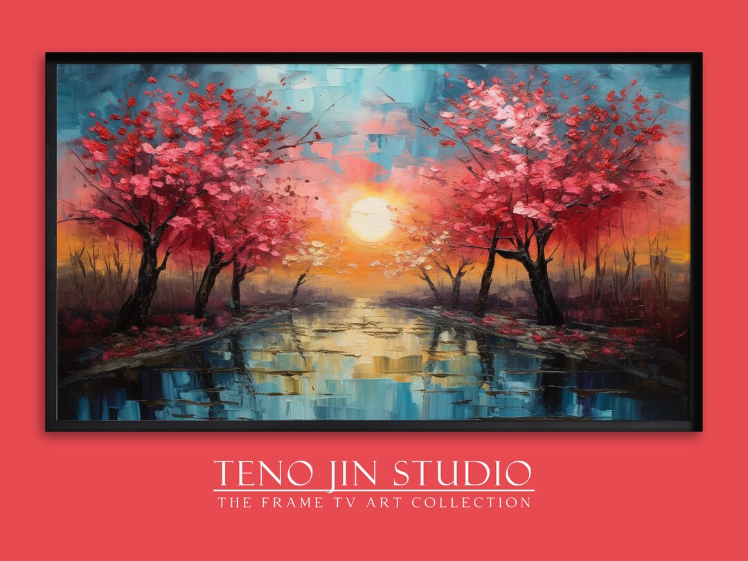 Samsung Frame TV Art, Cherry Blossoms Sunset Painting, LG Gallery Tv