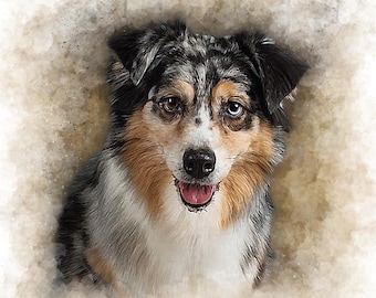 May include: A digital watercolor portrait of an Australian Shepherd dog with a blue merle coat featuring patches of black, white, and tan. The dog has one brown eye and one blue eye, a black nose, and an open mouth showing a pink tongue.