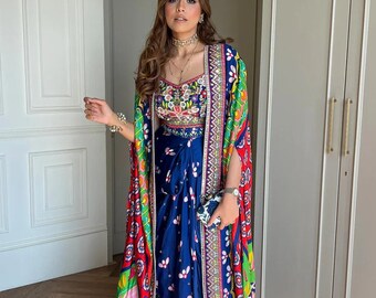 Embelished Indica Dhoti Skirt Paired With Embriodered Bralette & Cape
