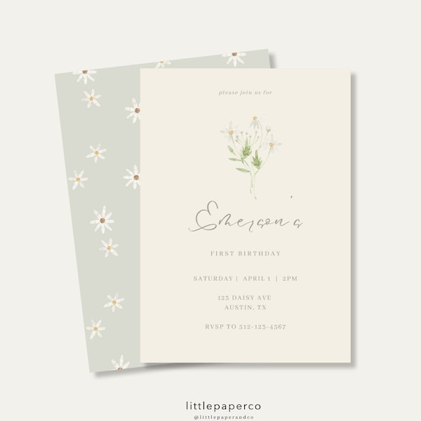 Daisy Birthday Invitation Minimal Daisy Theme Girl Birthday Invitation Daisy Editable Digital Template INSTANT DOWNLOAD