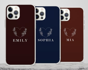 Personalised Heart Name Phone Case, Aesthetic Dark Black Initials Cover for iPhone 14 13 12 X SE Pro Max Samsung S23 S22 A13 A03 Xiaomi 63