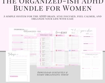 Pacchetto di planner stampabili ADHD per donne: kit organizzativo rosa con brain dump, concentrazione quotidiana e ripristino dello stress.