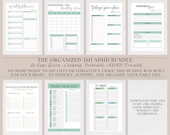 Saliegroene ADHD-planner voor dames | Afdrukbare bundel met braindump, maaltijdplan, speelschema, overweldigende reset en dagelijkse organisator