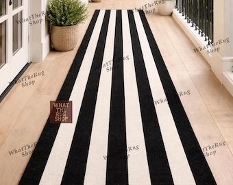 Schwarz-weiß gestreifter Läufer, Handgetufteter Wollteppich, Modernes Minimalistisches Eingangsdekor, Geometrischer Nordischer Küchenteppich