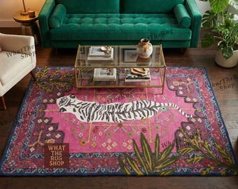 Hand Tufted Pink Tiger Wool Rug – Maximalist Jungle Palm Leaves, Vintage Oriental Carpet