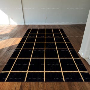 Handgetuft zwart en goud rasterpatroon vloerkleed voor woonkamer eetkamer slaapkamer, hoogwaardig tapijt zijde en wol 5 x 8 6 x 9 8 x 10 9 x 12 3 x 8 2,5 x 10