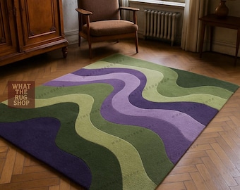 Tapis en laine touffeté à la main, tapis ondulé abstrait violet vert