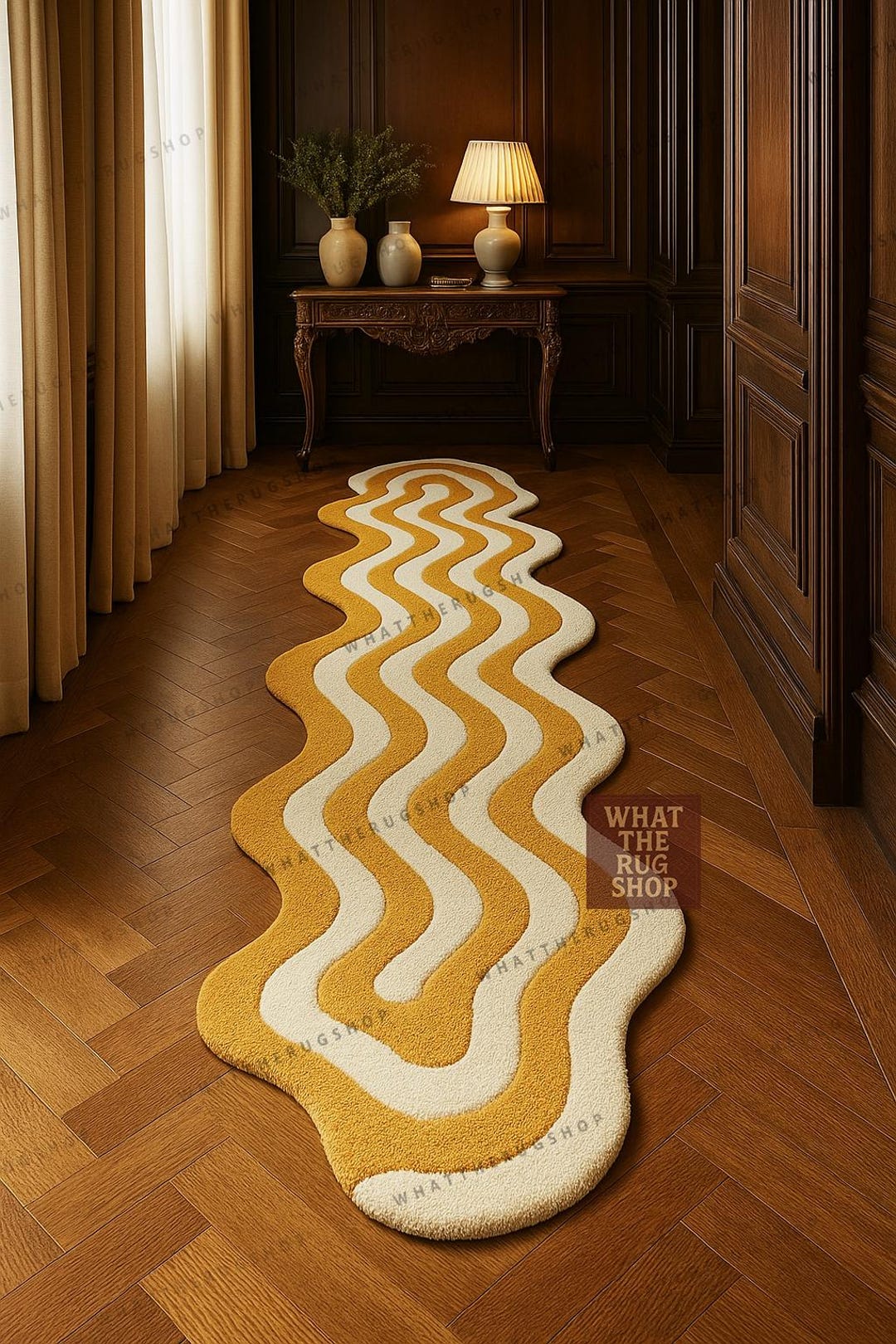 Hand Rummer Hand Tufted Irregular Runner, Mustard Wavy Wool Carpet, Retro Groovy ...