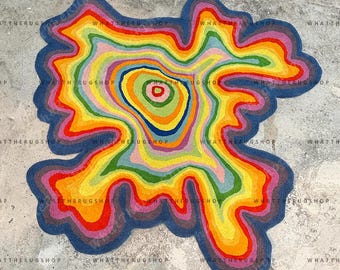 Psychedelisch wervelend vloerkleed, handgetuft regenboog onregelmatig gevormd tapijt, kleurrijk maximalistisch kamerdecor