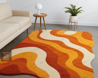 Hand Tufted Wool Rug, 70s Groovy Orange Yellow Wavy Carpet