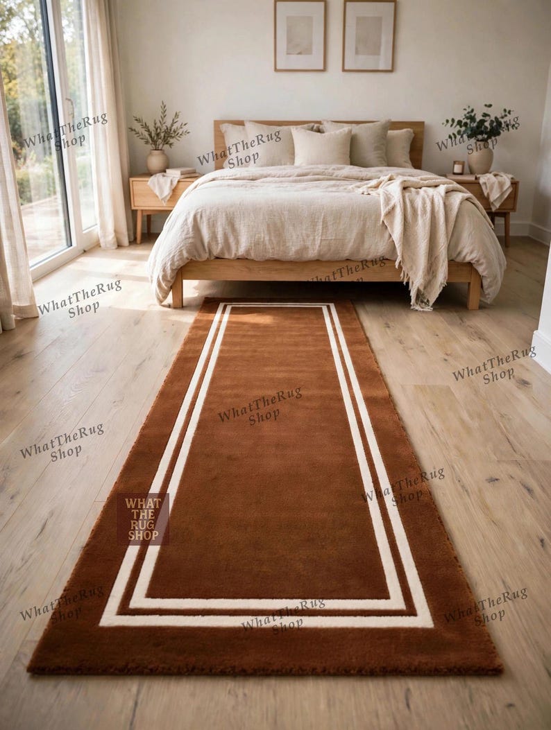 Brown Wool Runner Rug With Double Border, Hand Tufted Minimalist ...