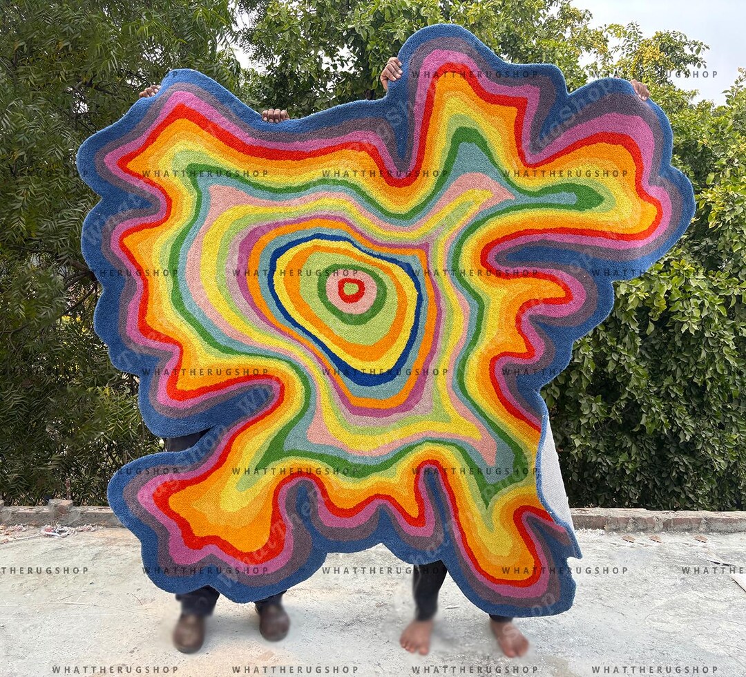 Psychedelic Swirl Area Rug, Hand Tufted Rainbow Irregular Shaped Rug ...