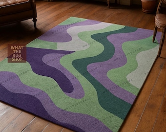 Tapis en laine tufté à la main, motif abstrait ondulé, violet et vert