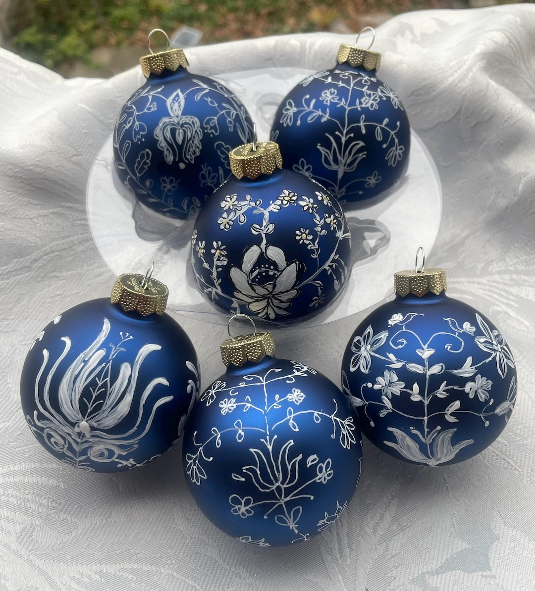 Hand Painted Christmas Baubles, Blue Floral Folk Art Ornaments, Set of — free download