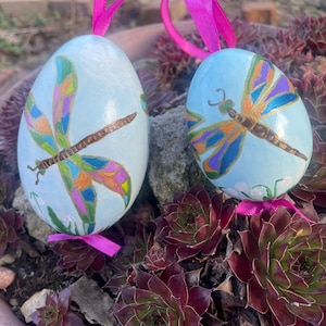 Dragonflies on Easter eggs. Hand painted goose and chicken eggshells, 2 pieces