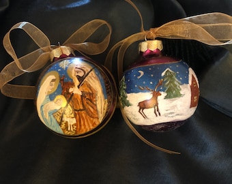 2 exquisite hand painted Christmas ornaments with nativity scene and Winter village