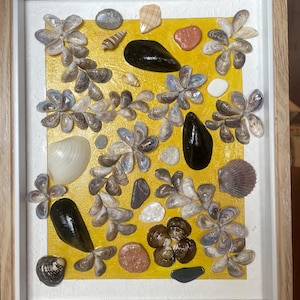 Op de afbeelding: Een ingelijst kunstwerk met een gele achtergrond, versierd met schelpen en kiezelstenen. De opstelling omvat clusters van kleine, lichtgekleurde schelpen, donkere mosselschelpen en diverse kiezelstenen, alles in een licht houten frame.